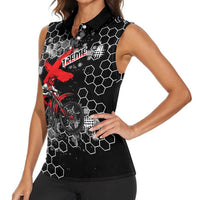 Custom Motocross Dirt Bike Women Sleeveless Polo Shirt with Red Rider and Honeycomb Grunge Design - Wonder Print Shop