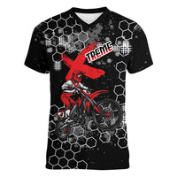 Custom Motocross Dirt Bike Women V-Neck T-Shirt with Red Rider and Honeycomb Grunge Design - Wonder Print Shop