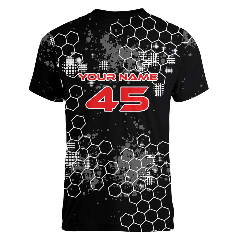 Custom Motocross Dirt Bike Women V-Neck T-Shirt with Red Rider and Honeycomb Grunge Design - Wonder Print Shop