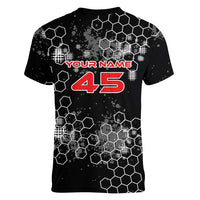 Custom Motocross Dirt Bike Women V-Neck T-Shirt with Red Rider and Honeycomb Grunge Design - Wonder Print Shop