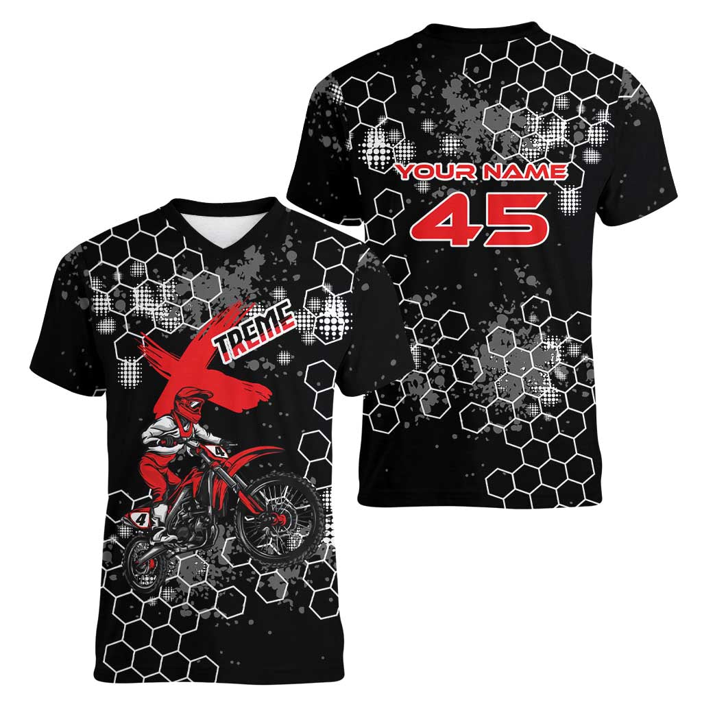 Custom Motocross Dirt Bike Women V-Neck T-Shirt with Red Rider and Honeycomb Grunge Design - Wonder Print Shop