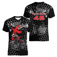 Custom Motocross Dirt Bike Women V-Neck T-Shirt with Red Rider and Honeycomb Grunge Design - Wonder Print Shop