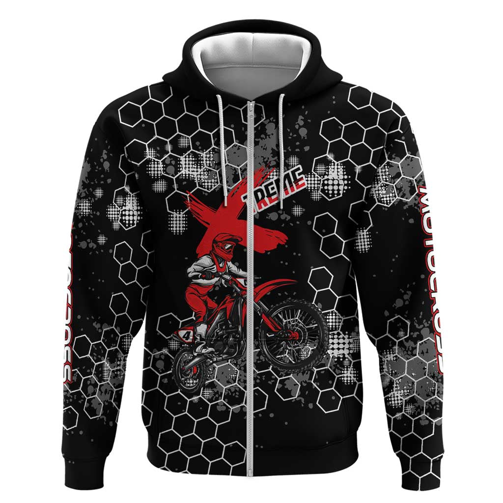 Custom Motocross Dirt Bike Zip Hoodie with Red Rider and Honeycomb Grunge Design - Wonder Print Shop
