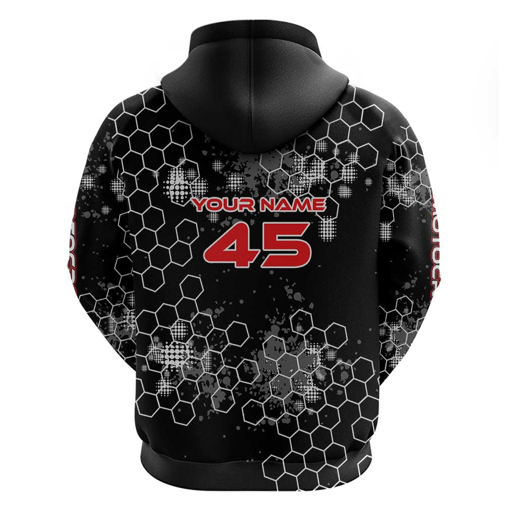 Custom Motocross Dirt Bike Zip Hoodie with Red Rider and Honeycomb Grunge Design - Wonder Print Shop