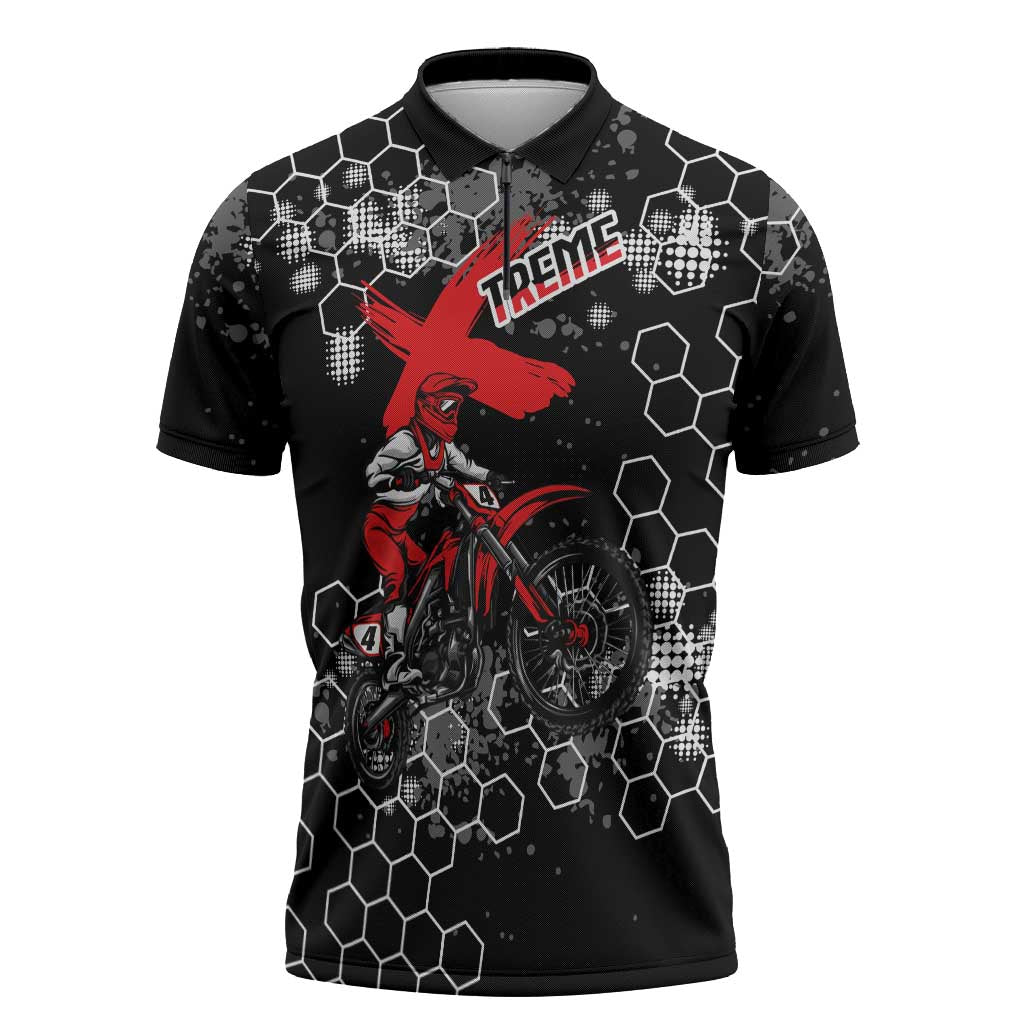 Custom Motocross Dirt Bike Zipper Polo Shirt with Red Rider and Honeycomb Grunge Design - Wonder Print Shop