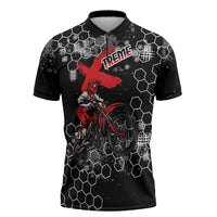 Custom Motocross Dirt Bike Zipper Polo Shirt with Red Rider and Honeycomb Grunge Design - Wonder Print Shop