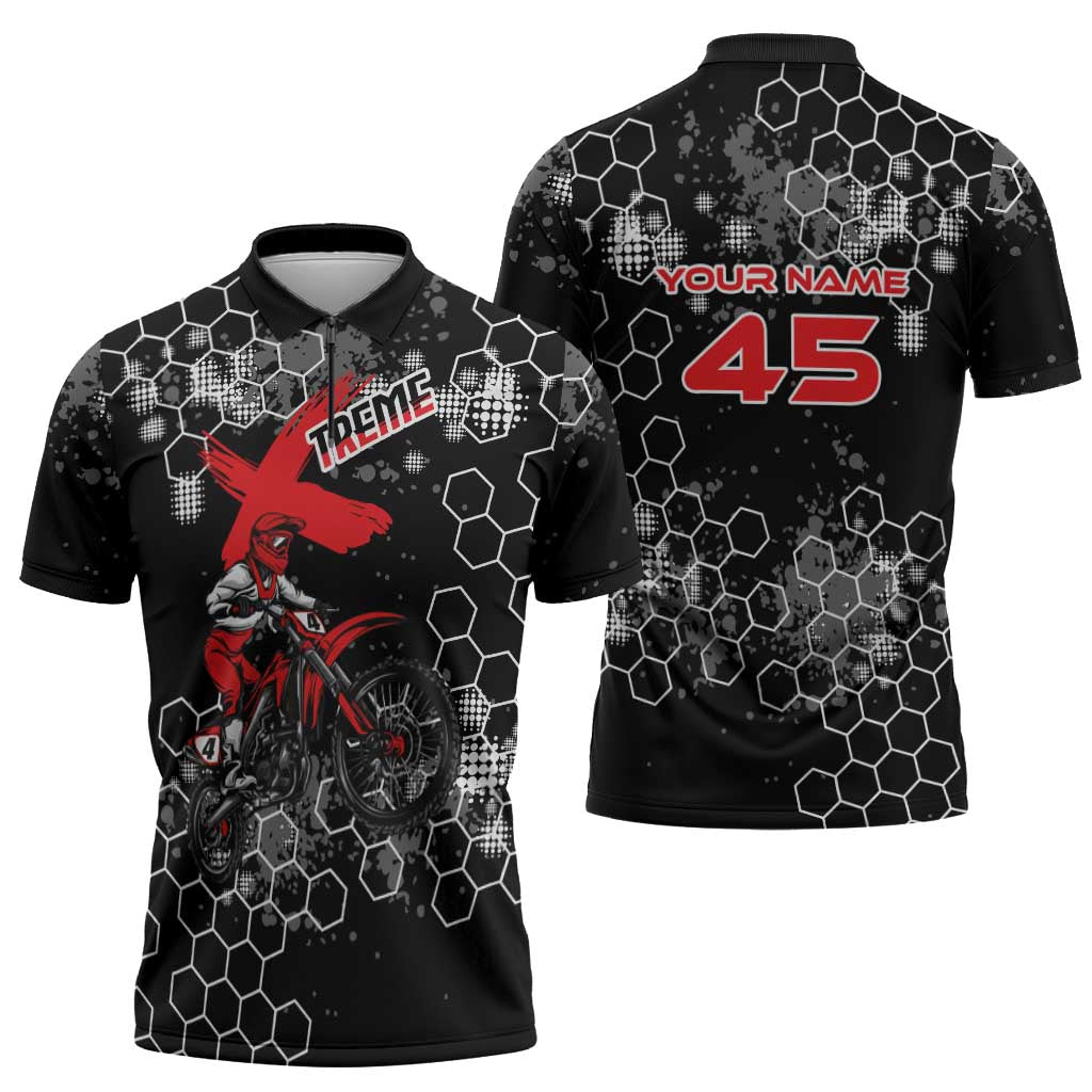 Custom Motocross Dirt Bike Zipper Polo Shirt with Red Rider and Honeycomb Grunge Design - Wonder Print Shop