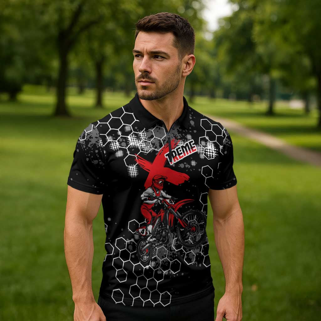 Custom Motocross Dirt Bike Zipper Polo Shirt with Red Rider and Honeycomb Grunge Design - Wonder Print Shop