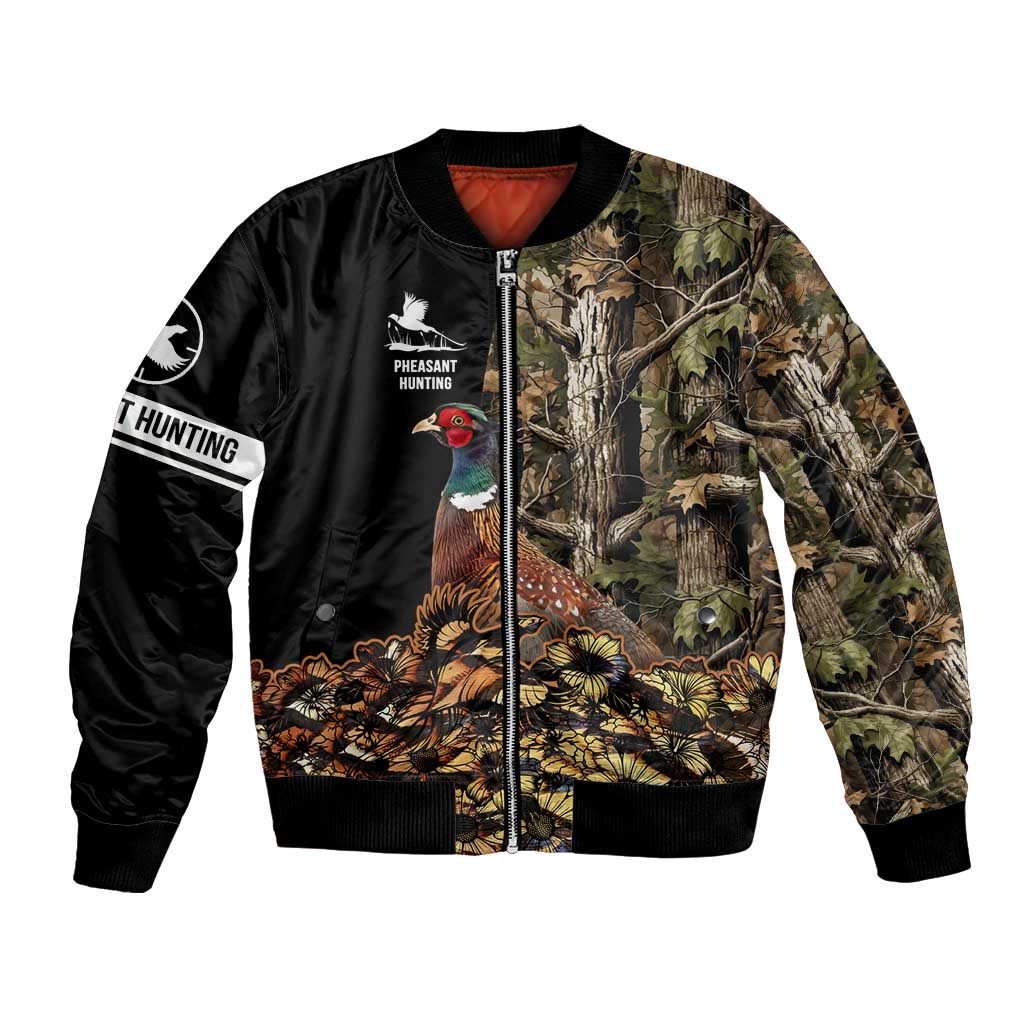 Custom Pheasant Hunting Bomber Jacket with Woodland Forest Scene and Autumn Foliage Pattern - Wonder Print Shop