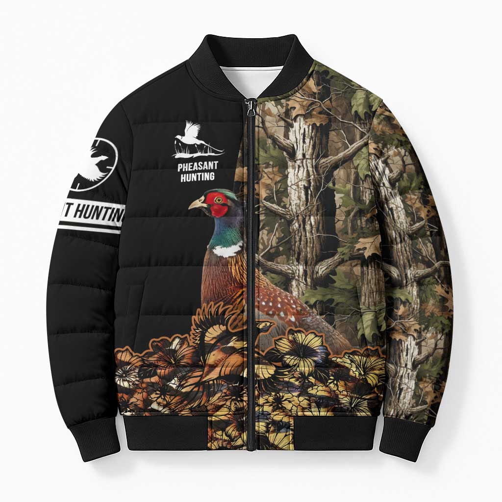 Custom Pheasant Hunting Bomber Puffer Jacket with Woodland Forest Scene and Autumn Foliage Pattern - Wonder Print Shop