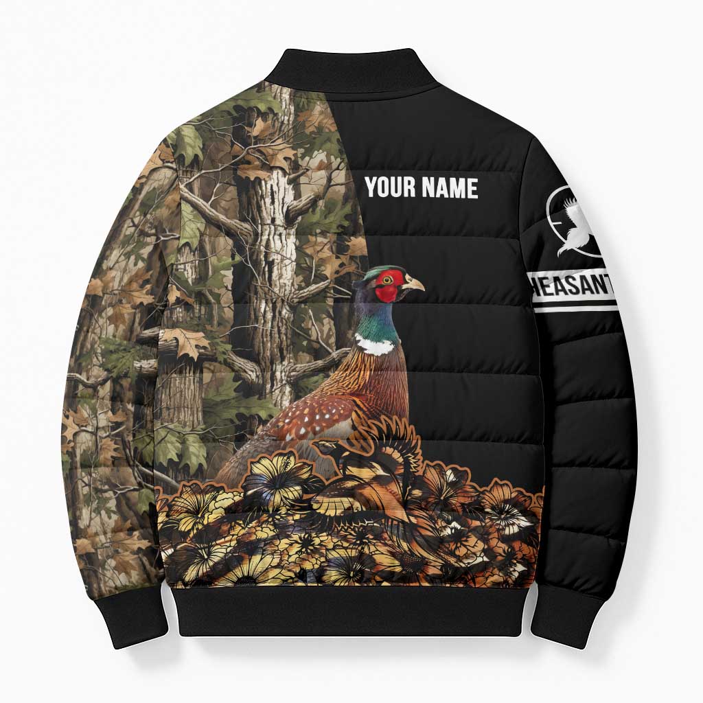 Custom Pheasant Hunting Bomber Puffer Jacket with Woodland Forest Scene and Autumn Foliage Pattern - Wonder Print Shop