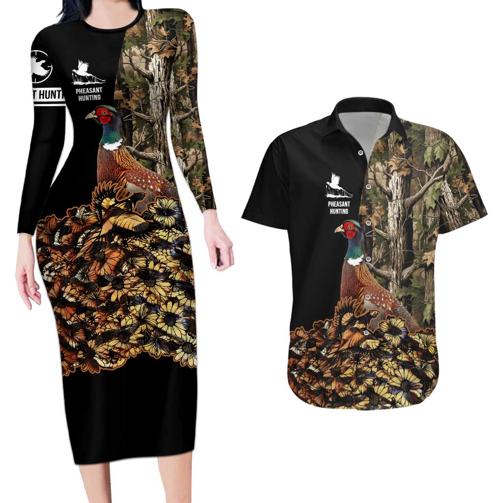 Custom Pheasant Hunting Couples Matching Long Sleeve Bodycon Dress and Hawaiian Shirt with Woodland Forest Scene and Autumn Foliage Pattern - Wonder Print Shop