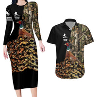 Custom Pheasant Hunting Couples Matching Long Sleeve Bodycon Dress and Hawaiian Shirt with Woodland Forest Scene and Autumn Foliage Pattern - Wonder Print Shop