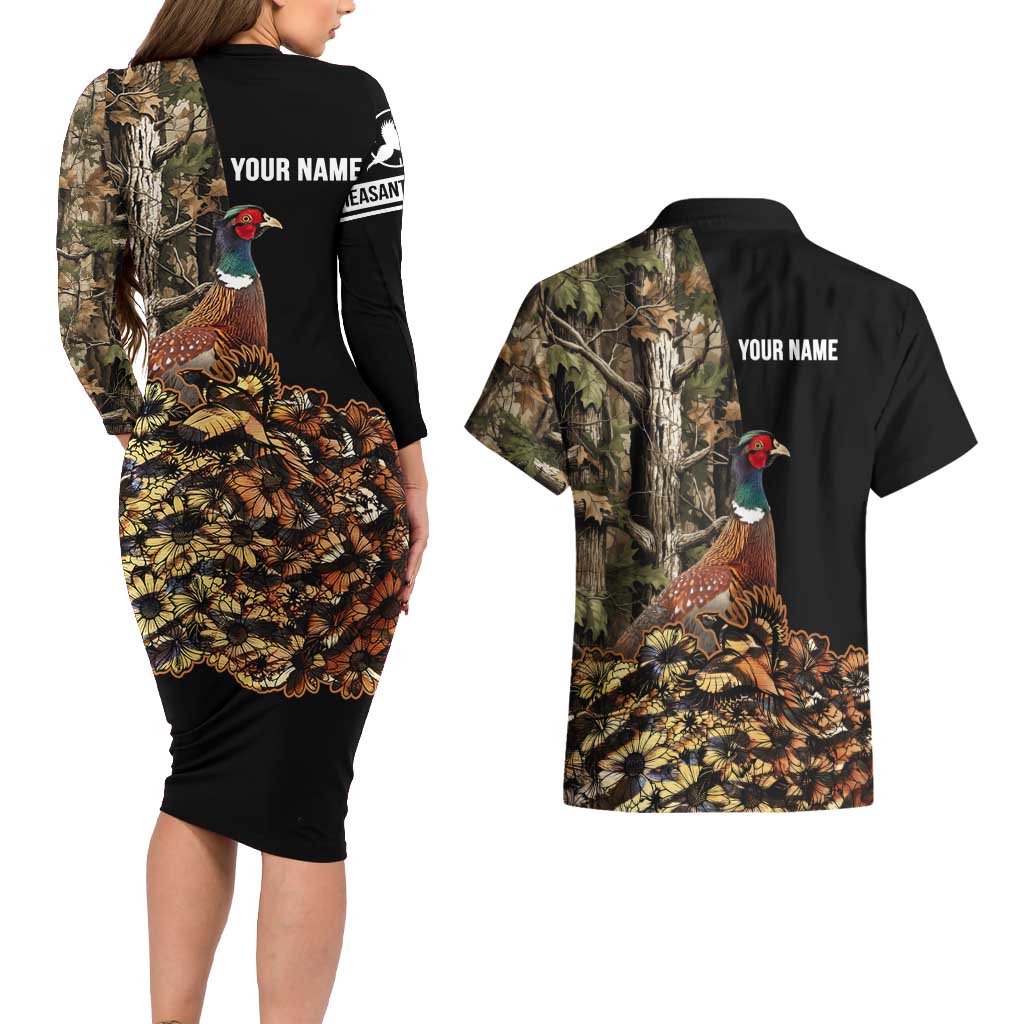 Custom Pheasant Hunting Couples Matching Long Sleeve Bodycon Dress and Hawaiian Shirt with Woodland Forest Scene and Autumn Foliage Pattern - Wonder Print Shop