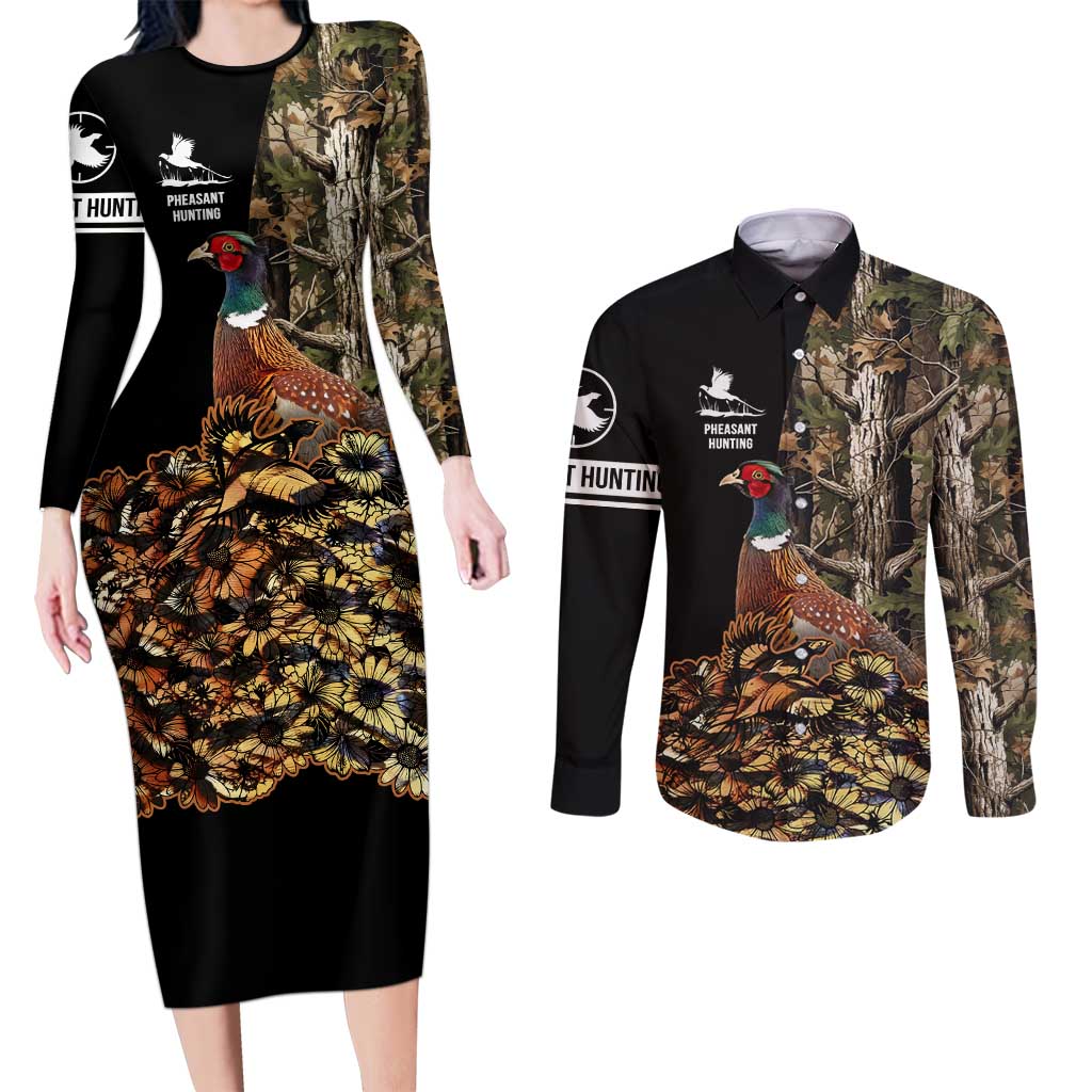 Custom Pheasant Hunting Couples Matching Long Sleeve Bodycon Dress and Long Sleeve Button Shirt with Woodland Forest Scene and Autumn Foliage Pattern - Wonder Print Shop