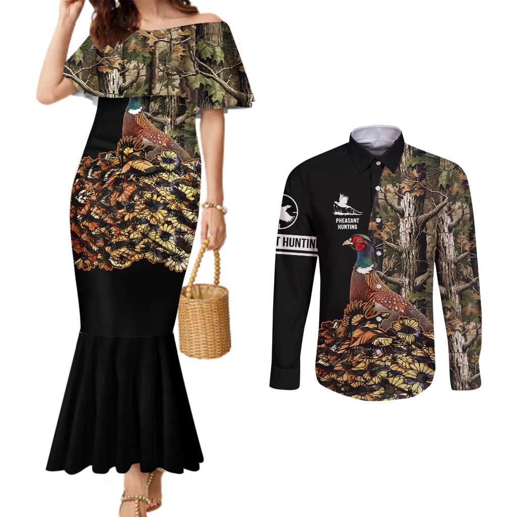 Custom Pheasant Hunting Couples Matching Mermaid Dress and Long Sleeve Button Shirt with Woodland Forest Scene and Autumn Foliage Pattern - Wonder Print Shop