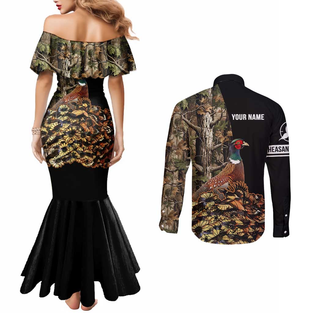 Custom Pheasant Hunting Couples Matching Mermaid Dress and Long Sleeve Button Shirt with Woodland Forest Scene and Autumn Foliage Pattern - Wonder Print Shop