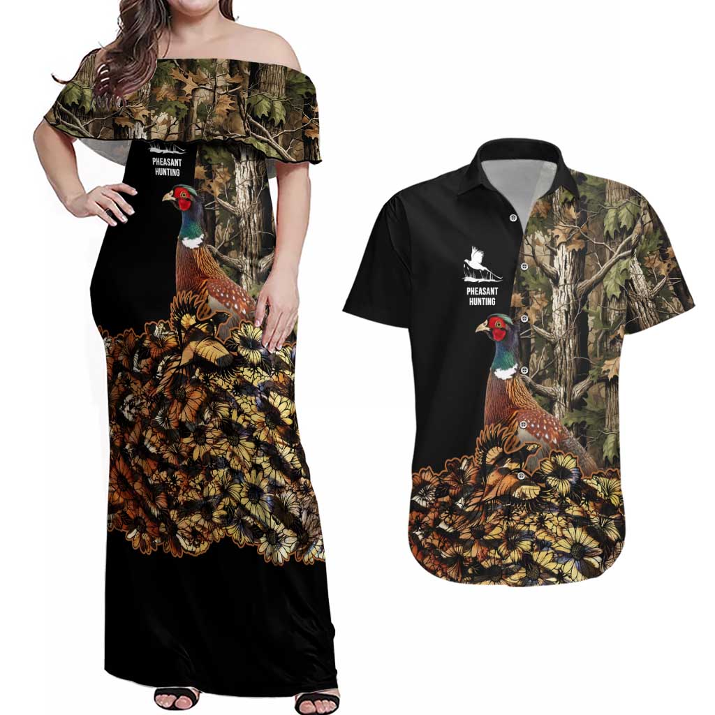 Custom Pheasant Hunting Couples Matching Off Shoulder Maxi Dress and Hawaiian Shirt with Woodland Forest Scene and Autumn Foliage Pattern - Wonder Print Shop