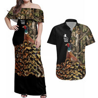 Custom Pheasant Hunting Couples Matching Off Shoulder Maxi Dress and Hawaiian Shirt with Woodland Forest Scene and Autumn Foliage Pattern - Wonder Print Shop