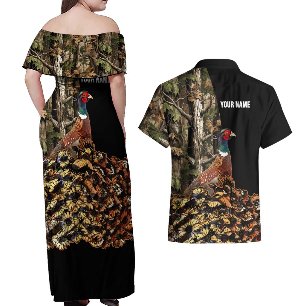 Custom Pheasant Hunting Couples Matching Off Shoulder Maxi Dress and Hawaiian Shirt with Woodland Forest Scene and Autumn Foliage Pattern - Wonder Print Shop