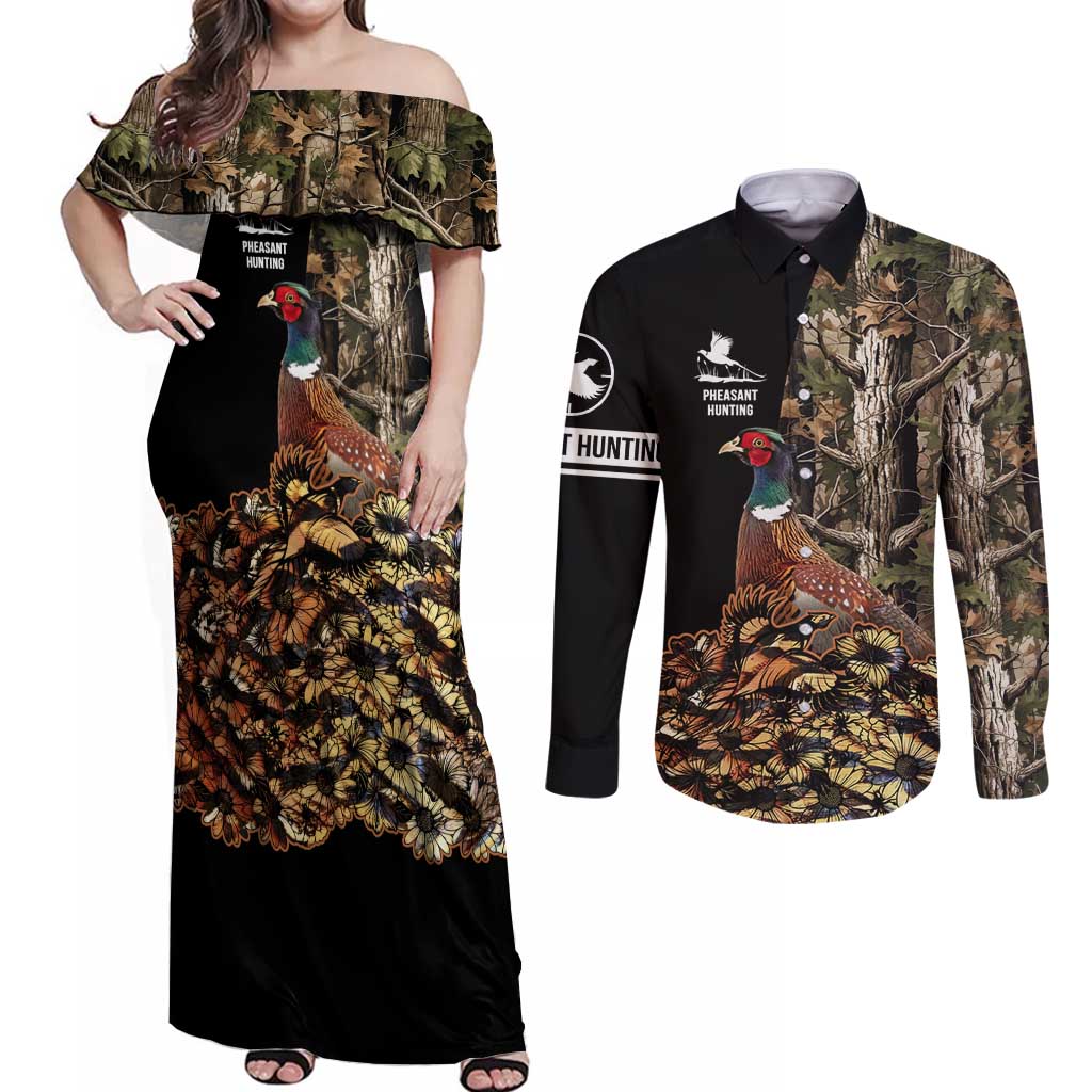 Custom Pheasant Hunting Couples Matching Off Shoulder Maxi Dress and Long Sleeve Button Shirt with Woodland Forest Scene and Autumn Foliage Pattern - Wonder Print Shop