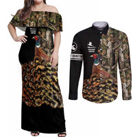 Custom Pheasant Hunting Couples Matching Off Shoulder Maxi Dress and Long Sleeve Button Shirt with Woodland Forest Scene and Autumn Foliage Pattern - Wonder Print Shop