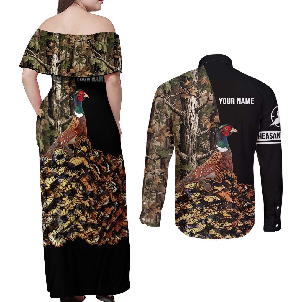 Custom Pheasant Hunting Couples Matching Off Shoulder Maxi Dress and Long Sleeve Button Shirt with Woodland Forest Scene and Autumn Foliage Pattern - Wonder Print Shop