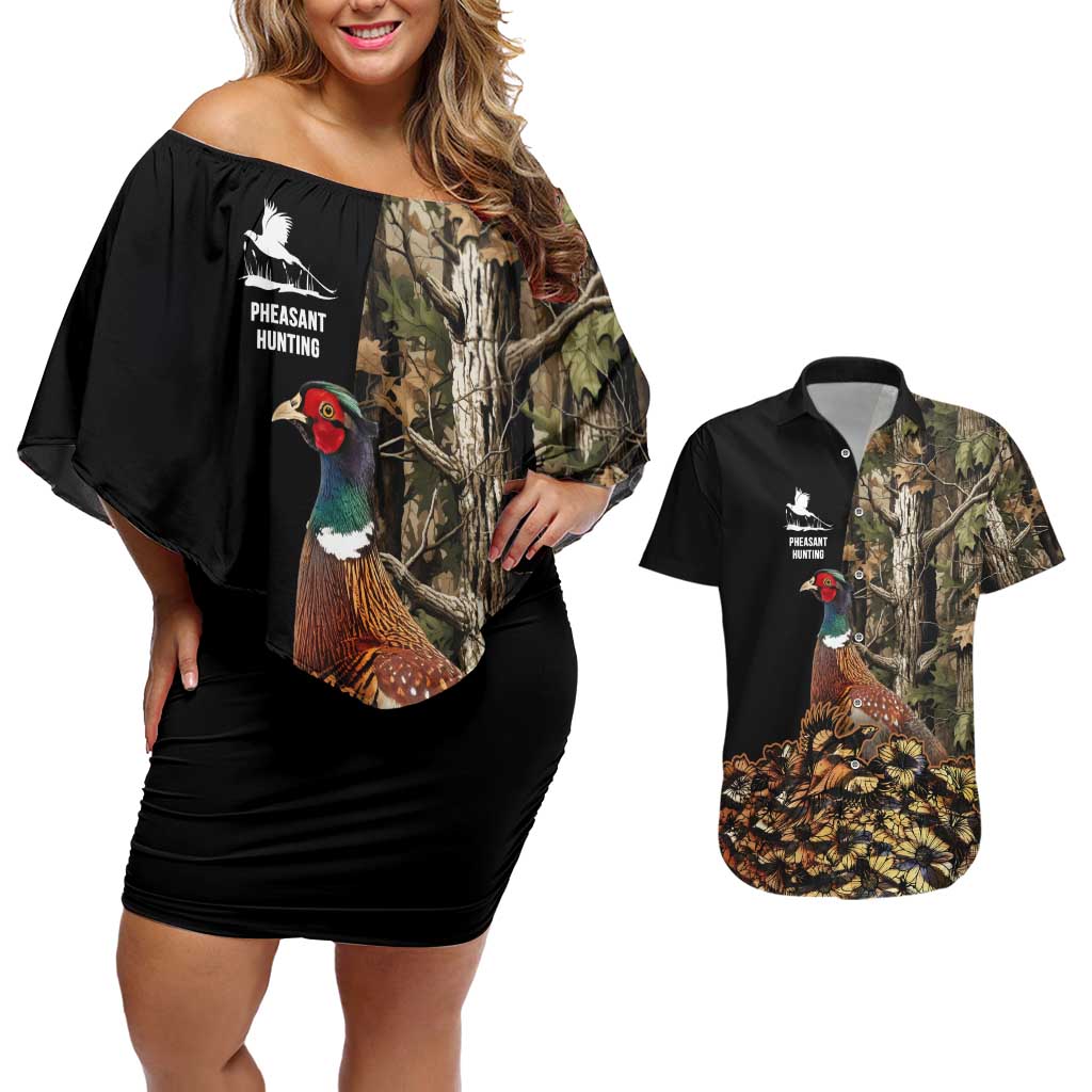 Custom Pheasant Hunting Couples Matching Off Shoulder Short Dress and Hawaiian Shirt with Woodland Forest Scene and Autumn Foliage Pattern - Wonder Print Shop