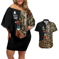 Custom Pheasant Hunting Couples Matching Off Shoulder Short Dress and Hawaiian Shirt with Woodland Forest Scene and Autumn Foliage Pattern - Wonder Print Shop