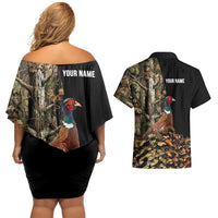 Custom Pheasant Hunting Couples Matching Off Shoulder Short Dress and Hawaiian Shirt with Woodland Forest Scene and Autumn Foliage Pattern - Wonder Print Shop