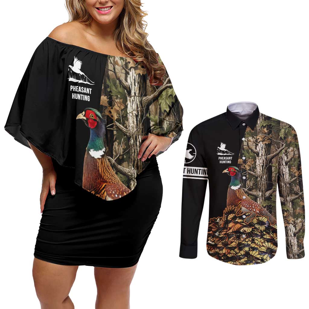 Custom Pheasant Hunting Couples Matching Off Shoulder Short Dress and Long Sleeve Button Shirt with Woodland Forest Scene and Autumn Foliage Pattern - Wonder Print Shop