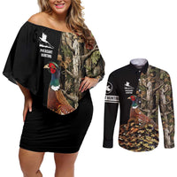 Custom Pheasant Hunting Couples Matching Off Shoulder Short Dress and Long Sleeve Button Shirt with Woodland Forest Scene and Autumn Foliage Pattern - Wonder Print Shop