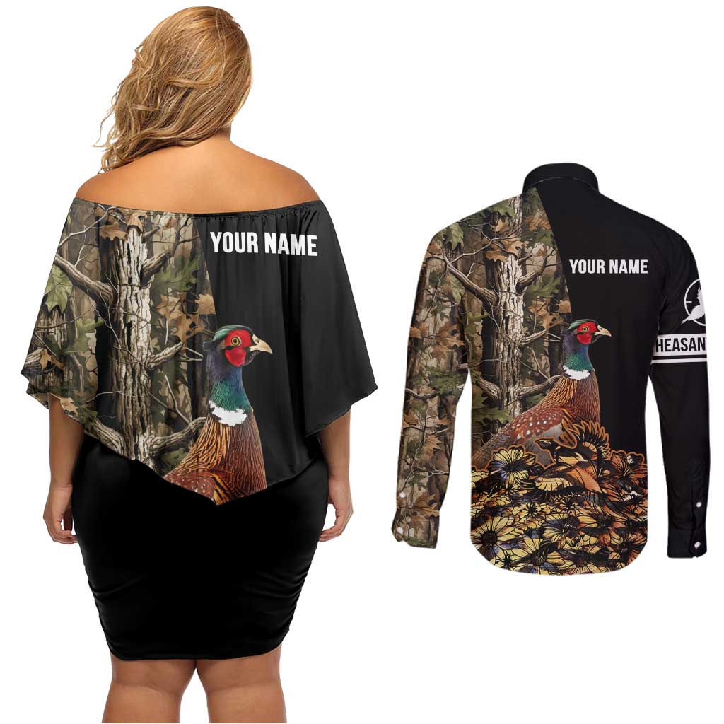 Custom Pheasant Hunting Couples Matching Off Shoulder Short Dress and Long Sleeve Button Shirt with Woodland Forest Scene and Autumn Foliage Pattern - Wonder Print Shop