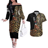 Custom Pheasant Hunting Couples Matching Off The Shoulder Long Sleeve Dress and Hawaiian Shirt with Woodland Forest Scene and Autumn Foliage Pattern - Wonder Print Shop