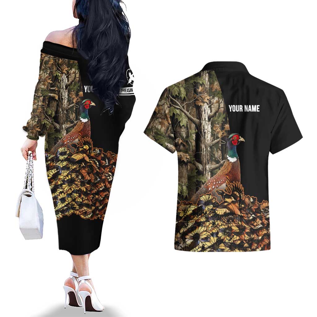 Custom Pheasant Hunting Couples Matching Off The Shoulder Long Sleeve Dress and Hawaiian Shirt with Woodland Forest Scene and Autumn Foliage Pattern - Wonder Print Shop