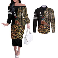Custom Pheasant Hunting Couples Matching Off The Shoulder Long Sleeve Dress and Long Sleeve Button Shirt with Woodland Forest Scene and Autumn Foliage Pattern - Wonder Print Shop