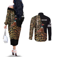 Custom Pheasant Hunting Couples Matching Off The Shoulder Long Sleeve Dress and Long Sleeve Button Shirt with Woodland Forest Scene and Autumn Foliage Pattern - Wonder Print Shop