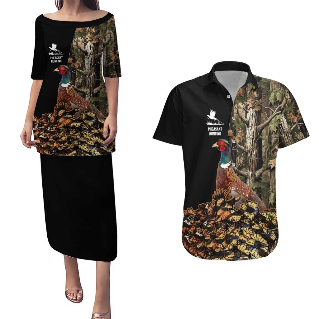 Custom Pheasant Hunting Couples Matching Puletasi and Hawaiian Shirt with Woodland Forest Scene and Autumn Foliage Pattern - Wonder Print Shop