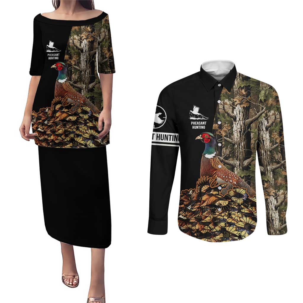 Custom Pheasant Hunting Couples Matching Puletasi and Long Sleeve Button Shirt with Woodland Forest Scene and Autumn Foliage Pattern - Wonder Print Shop