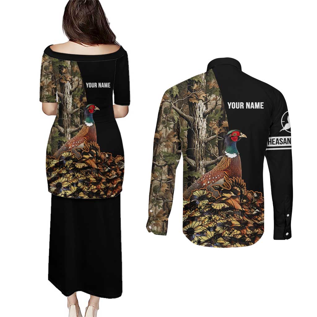 Custom Pheasant Hunting Couples Matching Puletasi and Long Sleeve Button Shirt with Woodland Forest Scene and Autumn Foliage Pattern - Wonder Print Shop