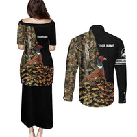 Custom Pheasant Hunting Couples Matching Puletasi and Long Sleeve Button Shirt with Woodland Forest Scene and Autumn Foliage Pattern - Wonder Print Shop