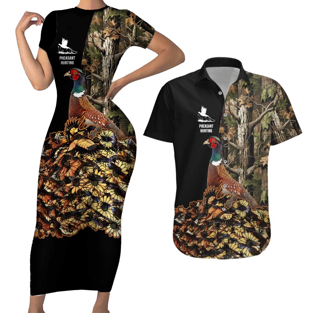 Custom Pheasant Hunting Couples Matching Short Sleeve Bodycon Dress and Hawaiian Shirt with Woodland Forest Scene and Autumn Foliage Pattern - Wonder Print Shop