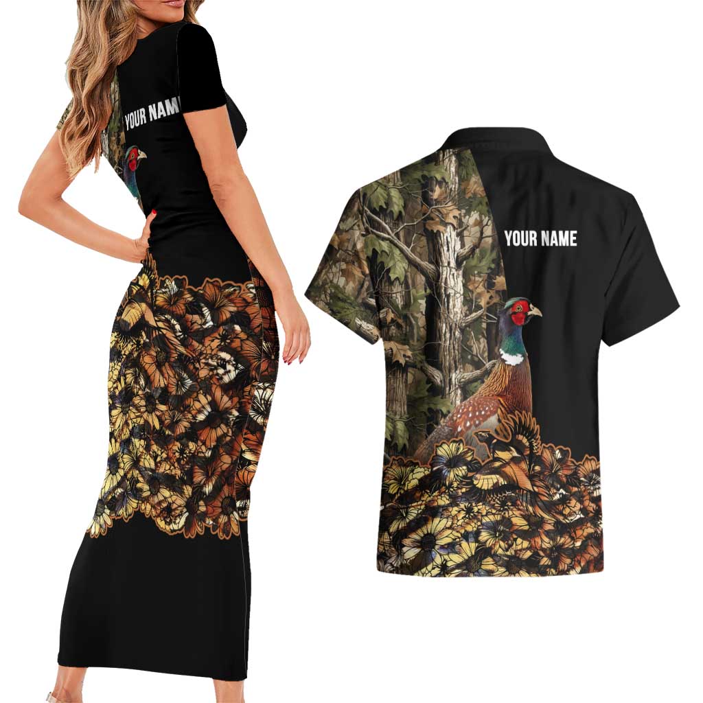 Custom Pheasant Hunting Couples Matching Short Sleeve Bodycon Dress and Hawaiian Shirt with Woodland Forest Scene and Autumn Foliage Pattern - Wonder Print Shop