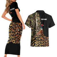 Custom Pheasant Hunting Couples Matching Short Sleeve Bodycon Dress and Hawaiian Shirt with Woodland Forest Scene and Autumn Foliage Pattern - Wonder Print Shop