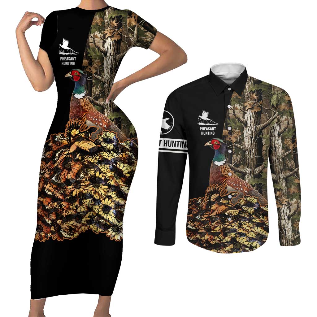 Custom Pheasant Hunting Couples Matching Short Sleeve Bodycon Dress and Long Sleeve Button Shirt with Woodland Forest Scene and Autumn Foliage Pattern - Wonder Print Shop