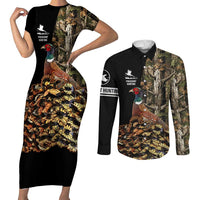 Custom Pheasant Hunting Couples Matching Short Sleeve Bodycon Dress and Long Sleeve Button Shirt with Woodland Forest Scene and Autumn Foliage Pattern - Wonder Print Shop