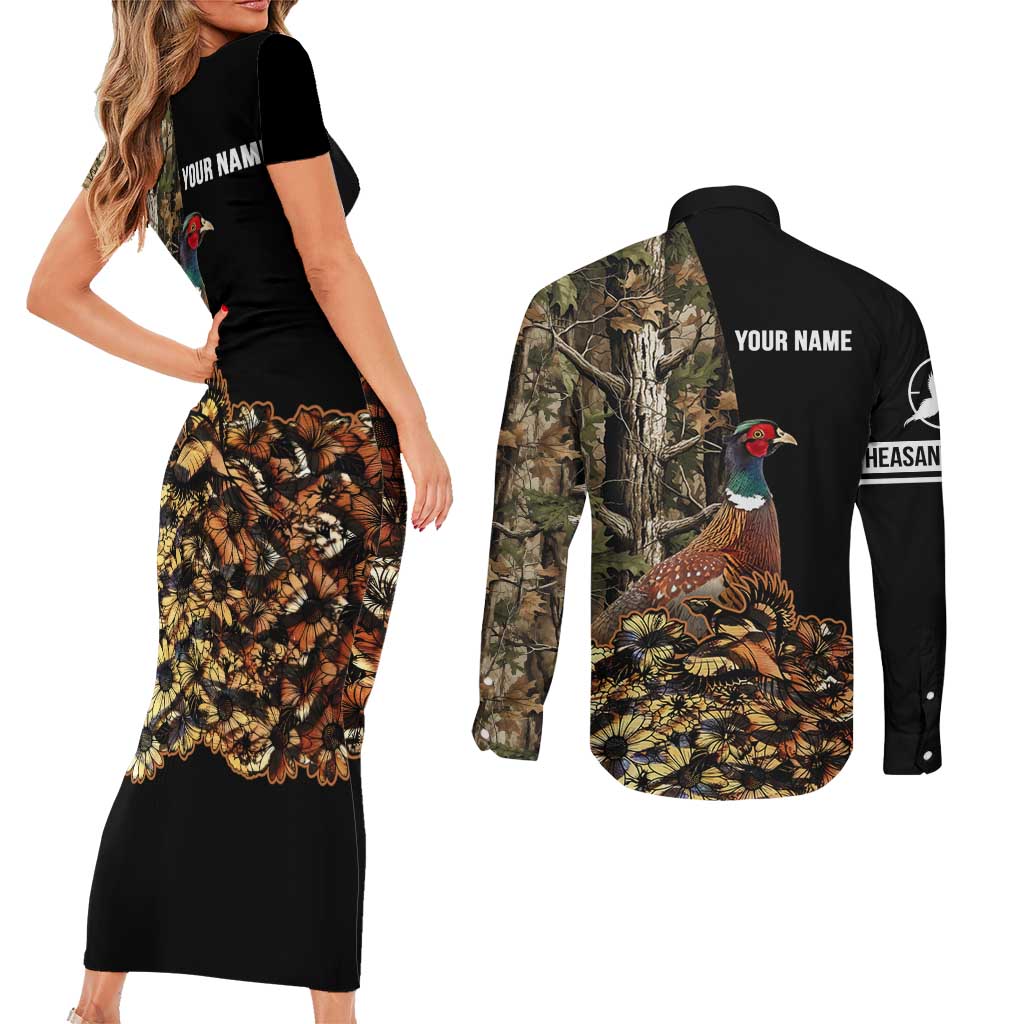 Custom Pheasant Hunting Couples Matching Short Sleeve Bodycon Dress and Long Sleeve Button Shirt with Woodland Forest Scene and Autumn Foliage Pattern - Wonder Print Shop