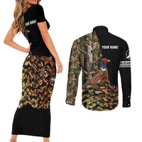 Custom Pheasant Hunting Couples Matching Short Sleeve Bodycon Dress and Long Sleeve Button Shirt with Woodland Forest Scene and Autumn Foliage Pattern - Wonder Print Shop
