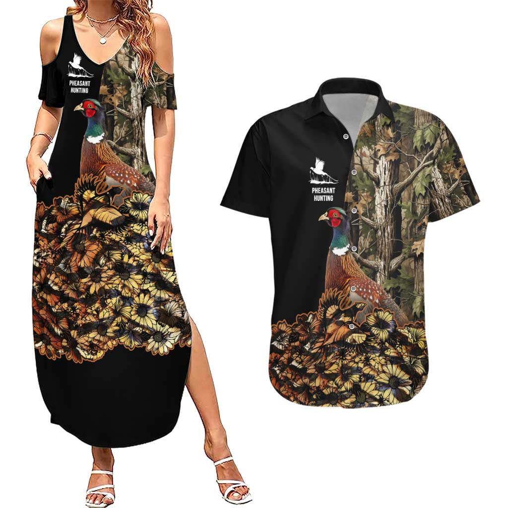 Custom Pheasant Hunting Couples Matching Summer Maxi Dress and Hawaiian Shirt with Woodland Forest Scene and Autumn Foliage Pattern - Wonder Print Shop