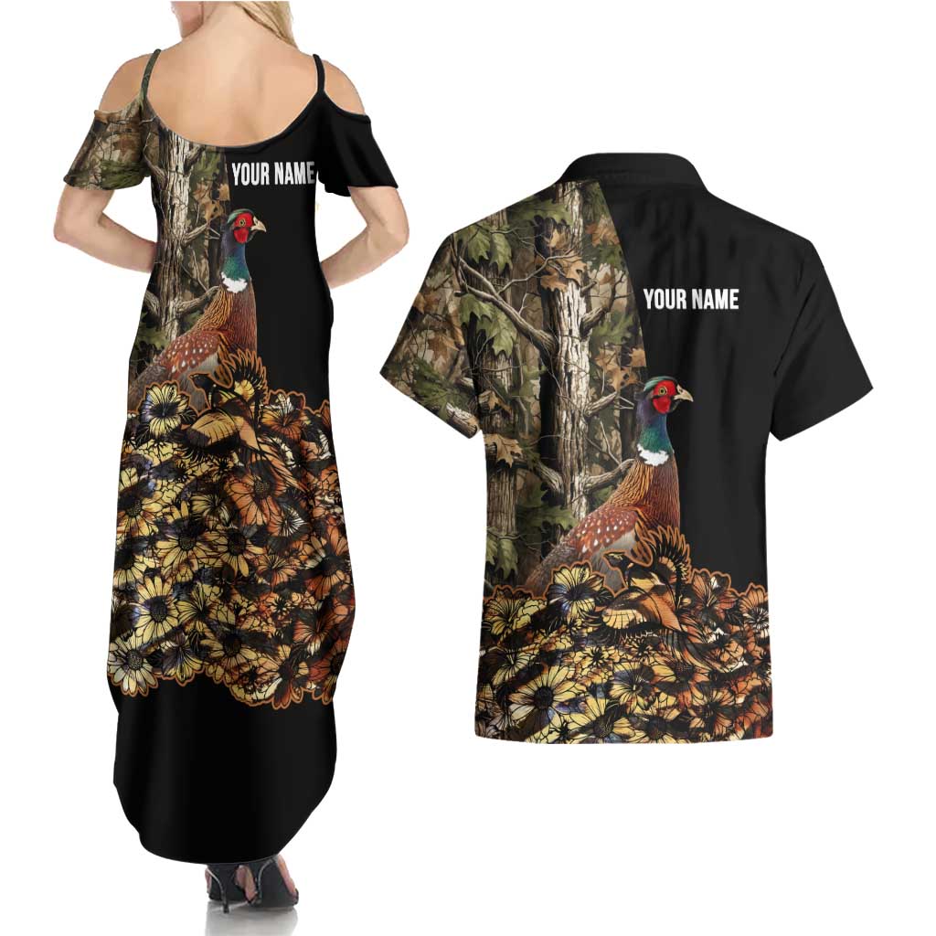Custom Pheasant Hunting Couples Matching Summer Maxi Dress and Hawaiian Shirt with Woodland Forest Scene and Autumn Foliage Pattern - Wonder Print Shop